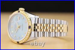 Rolex Mens Datejust Ice Blue Factory Diamond 18k Gold Ss Diamond Sapphire Watch