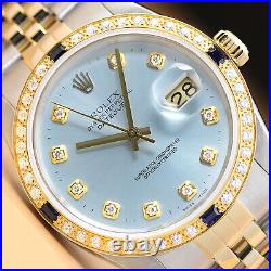 Rolex Mens Datejust Quickset Ice Blue 18k Yellow Gold Diamond Sapphire Watch
