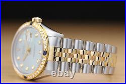 Rolex Mens Datejust Quickset Ice Blue 18k Yellow Gold Diamond Sapphire Watch