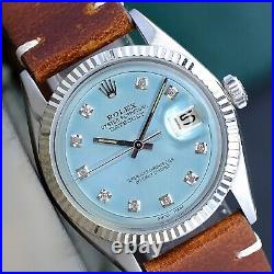 Rolex Mens Datejust Watch Steel Ice Blue Diamond Dial Fluted Bezel Leather Band