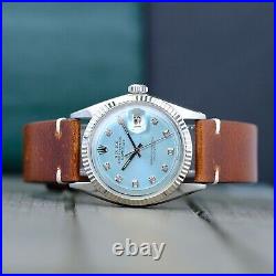 Rolex Mens Datejust Watch Steel Ice Blue Diamond Dial Fluted Bezel Leather Band
