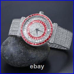 Ruby Red Baguette Simulated Diamond White Tone 10 Row Custom Band Mens Watch