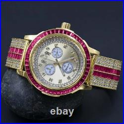 Ruby Red GoldTone Real Diamond Solid Steel Baguette Solitaire Bezel Custom Watch