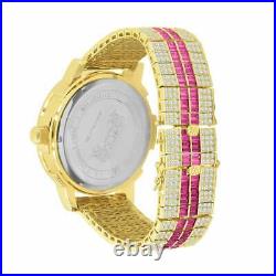 Ruby Red GoldTone Real Diamond Solid Steel Baguette Solitaire Bezel Custom Watch