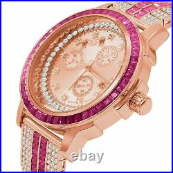 Ruby Red Rose Gold Tone Diamond Dial Stainless Steel Custom Bezel Band Men Watch