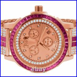 Ruby Red Rose Gold Tone Diamond Dial Stainless Steel Custom Bezel Band Men Watch