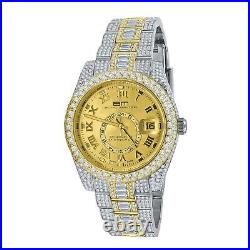Solid Stainless Steel 2 Tone Gold Finish Simulated Diamond Men Watch WithDate 42mm