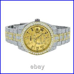 Solid Stainless Steel 2 Tone Gold Finish Simulated Diamond Men Watch WithDate 42mm