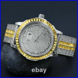 Solid Steel Canary Bezel Real Diamond White Gold Custom Band Men's Watch WithDate
