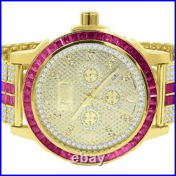 Stainless Steel Custom Bezel Gold Finish Watch Ruby Red Mens Real Diamond Dial