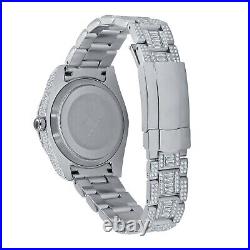 Stainless Steel Men's 18K White Gold Finish Simulated Diamond Watch With Date 42mm