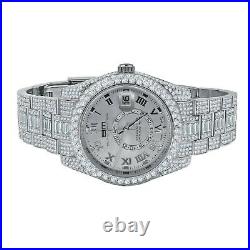 Stainless Steel Men's 18K White Gold Finish Simulated Diamond Watch With Date 42mm
