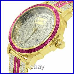 Stainless Steel Real Diamond Dial Ruby Red Gold Tone Finish Custom Bezel Watch