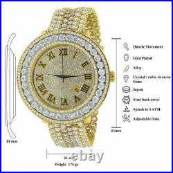 Yellow Gold Tone Roman Numeral Dial Custom White Cz Removable Bezel Men's Watch